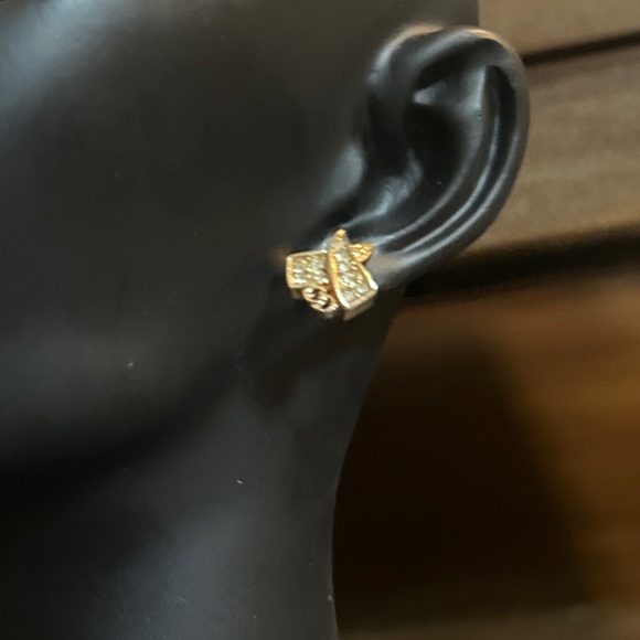 DIOR Logo CD Pierced Earrings Rhinestone Accent Gold - Picture 10 of 10